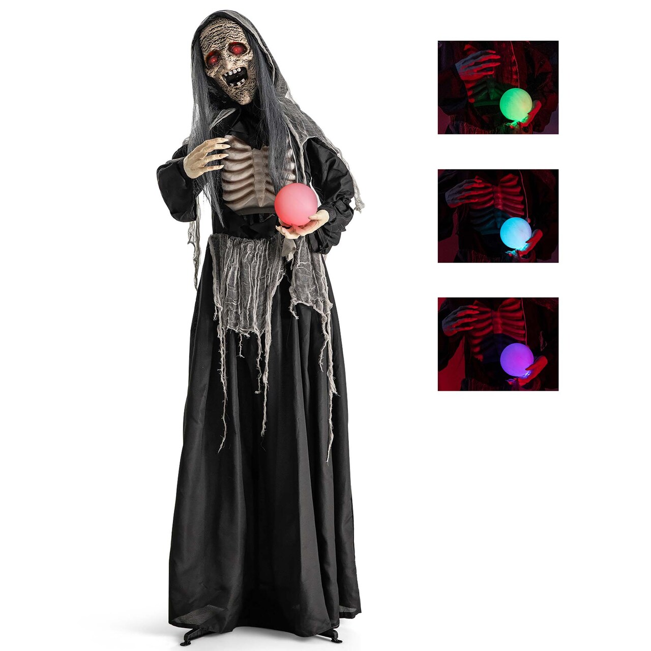 Costway 6ft Halloween Animatronics Standing Witch Talking Animated Wicked Witch with Light Up Eyes & Magical Ball Sound Activated
